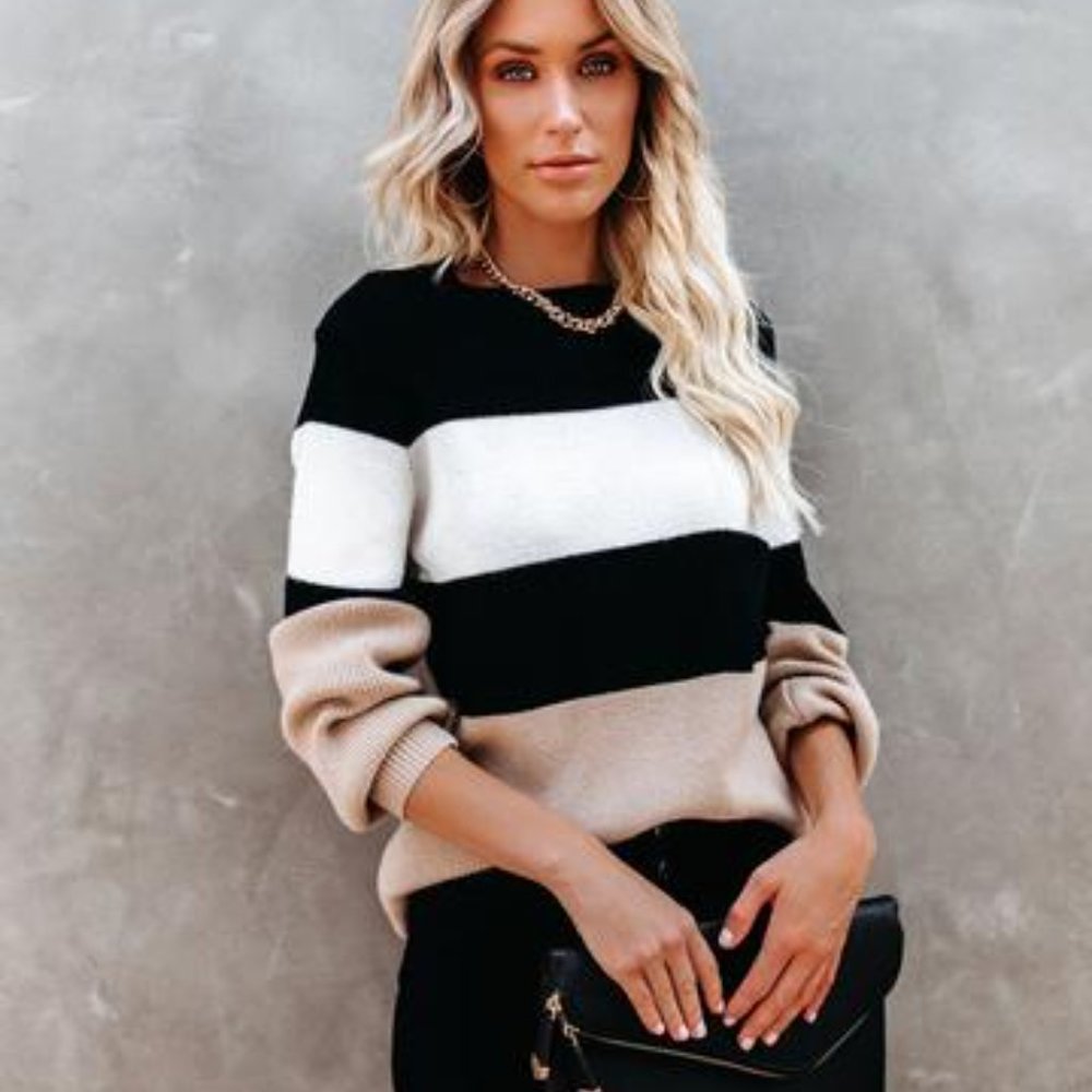 Harleston Black & Beige Colorblock Knit Sweater - Picture 9 of 10